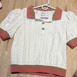 Maeve Cream Eyelet Polo Top with Brown Collar and Pink Stripe Trim